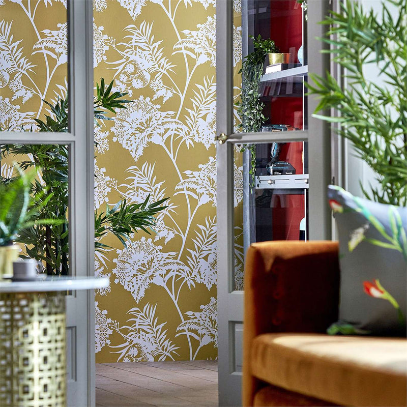 Botanical Leaf Wallpaper - Mustard Yellow - Foliage silhouette  