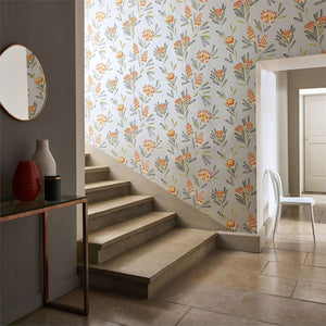 Floral Wallpaper - Cayo by Harlequin - Coral Wallpaper - Orange Wallpaper - Orange Flowers - Metallic Silver Wallpaper 