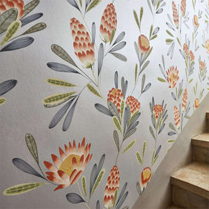Floral Wallpaper - Cayo by Harlequin - Coral Wallpaper - Orange Wallpaper - Orange Flowers - Metallic Silver Wallpaper 