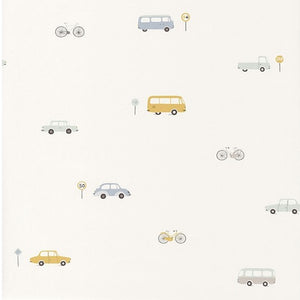 Bleu Jaune Old School Vintage Cars Bicycle & Trucks Wallpaper for Kids Room