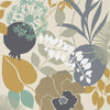 Ochre Stone Mint Doyene Floral Wallpaper with Overblown Flowers & Sihouetted Stems