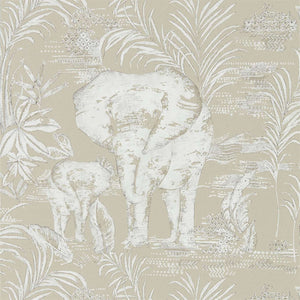 Linen Toile Wallpaper with Elephants & Plants by Select Style