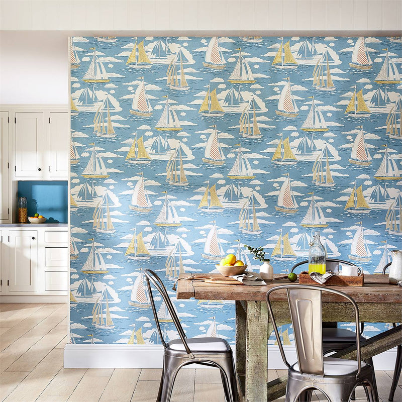 Blue Floating Boat Wallpaper by Sanderson